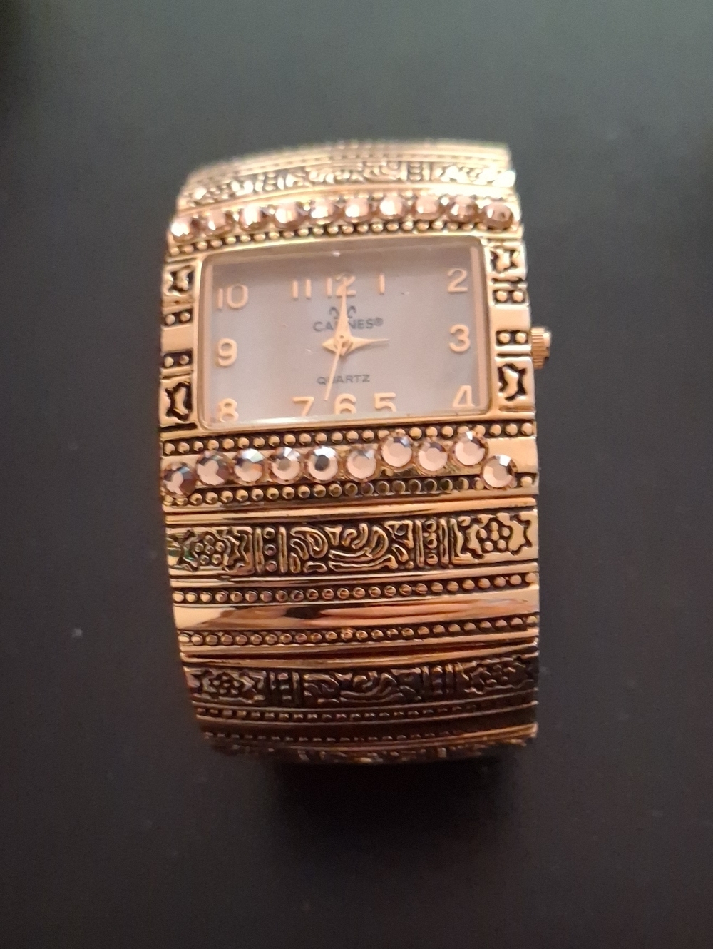 Source Unknown Gold-Tone Cuff Watch with Clear Crystal Accents